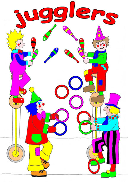 Jugglers with hoops and clubs